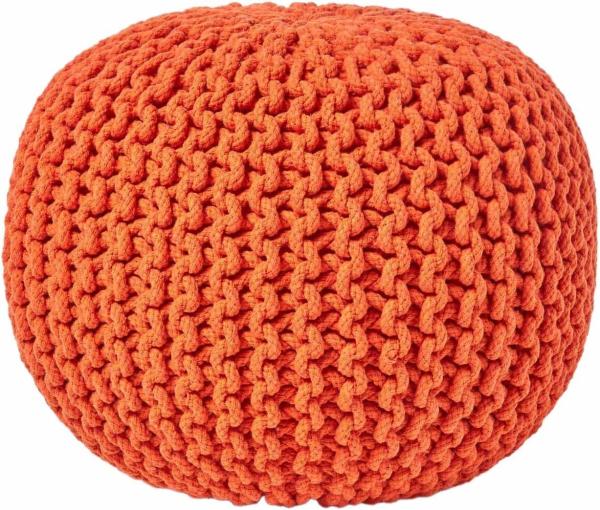 Homescapes Pouf Strickpouf rundes Bodenkissen, Sitzpouf 35 x 40 cm, gepolsterter Sitzhocker, Sitzpuff/Puff mit grob gestricktem Bezug aus 100% Baumwolle, Strickpuff, orange