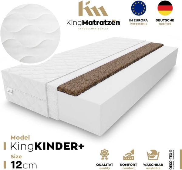Kaltschaummatratze KingKINDER PLUS 140x200x12cm aus hochwertigem Kaltschaum, KingMatratzen, 12 cm hoch, Rollmatratze mit waschbarem Bezug und Kokosmatte Bild 2