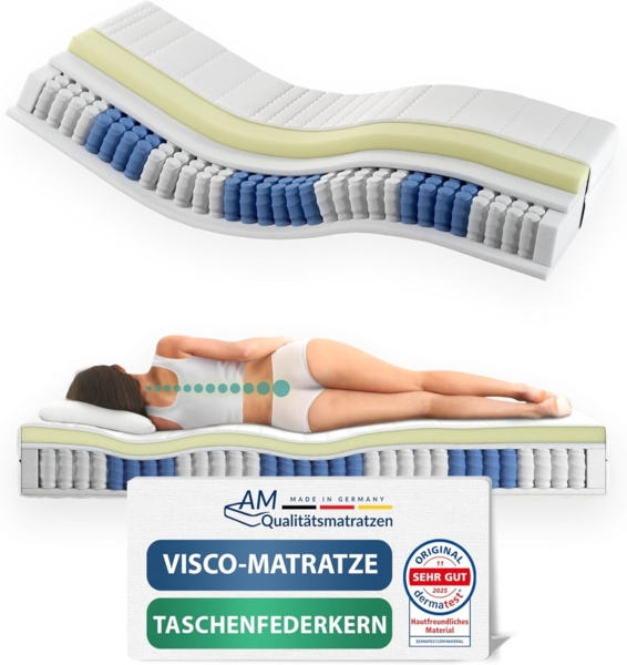 Taschenfederkernmatratze 7-Zonen Federkernmatratze mit Viscoschaum, Memory Foam, Visco-Matratze, AM Qualitätsmatratzen, 24 cm hoch, 90x200 cm