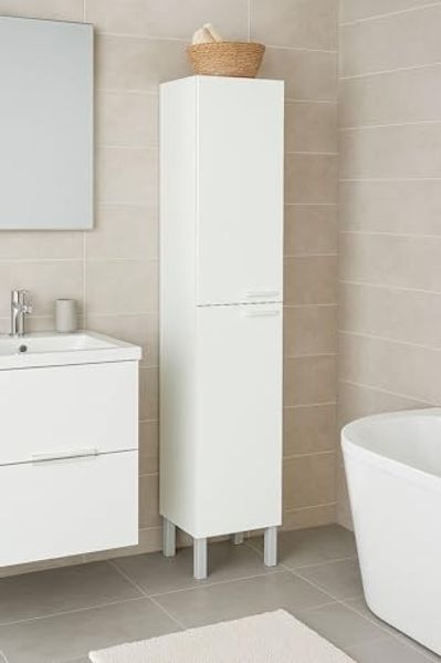 Dmora - Säulenschrank Hollywood, Badezimmerschrank mit 2 Türen, Wandschrank mit 2 Regalen, 30x25h182 cm, glänzend weiß
