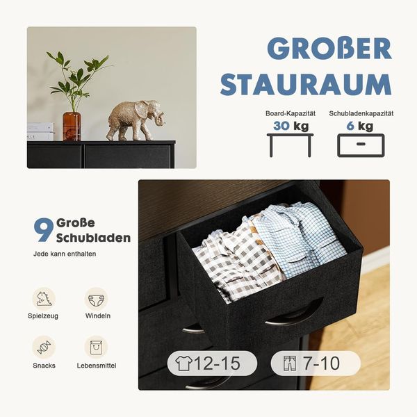 DUMOS Kommode mit Schubladen - Kommoden & Sideboards für Schlafzimmer Geeignet, Komodenschrank mit 9 Schubladen, Stoffkommode mit Stabilem Stahlrahmen, Ideal für Schlafzimmer, Wohnzimmer (Schwarz) Bild 4