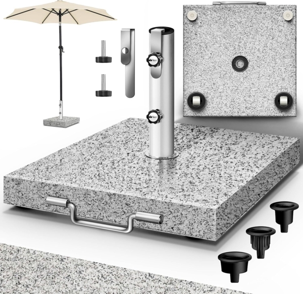 tillvex® Granit Sonnenschirmständer mit Rollen & Transportgriff Grau - 27 kg Eckig | Schirmständer Sonnenschirm mit Edelstahlrohr | Balkonschirmständer für Schirmstöcke 16-48 mm & 250 cm Schirmdurchmesser