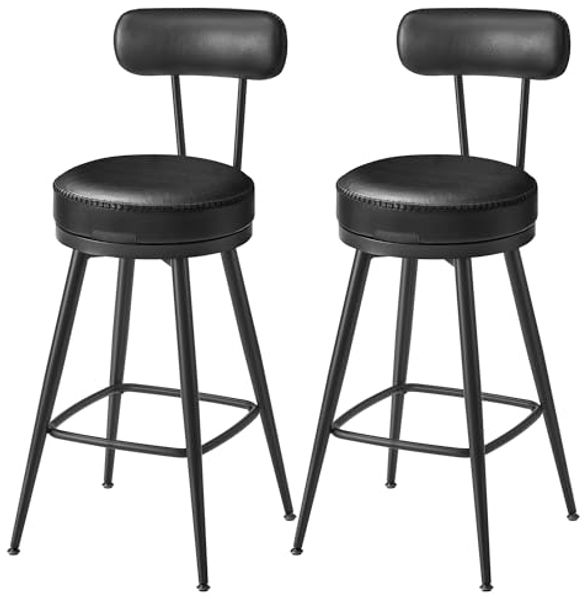 VASAGLE EKHO Kollektion - 360° drehbarer Barhocker, 2er Set, Hocker mit Rückenlehne für Kücheninsel, Kunstleder mit Nähten, Mid-Century-Modern-Stil, 65 cm hoch, Küche, Hausbar, tintenschwarz