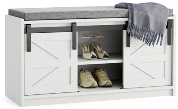 Mondeer Schuhbank mit Sitzfläche, Sitzbank mit Stauraum und Schiebetüren Abnehmbarem Sitzkissen, für Flur Eingang Schlafzimmer, 90 x 45 x 35 cm, Weiß