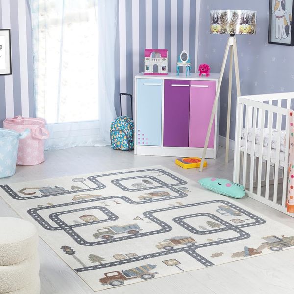 Surya Auto-Spielmatte Kinderteppich - Cartoon Teppich Kinderzimmer oder Babyzimmer, Kinderzimmerteppich, Krabbelteppich oder Spielteppich - Baby Teppich für Jungen & Mädchen, Creme 160x213 cm