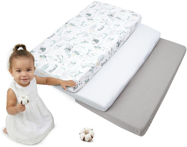 Medi Partners Spannbettlaken 60x120 3-Pack Baby Bettlaken Kinderbett Spannbetttuch 100% Baumwolle - Fitted Kinder Sheet Bettwäsche Babymatratze Schlafsack Babybett (Ozean-Weiß-Graue)