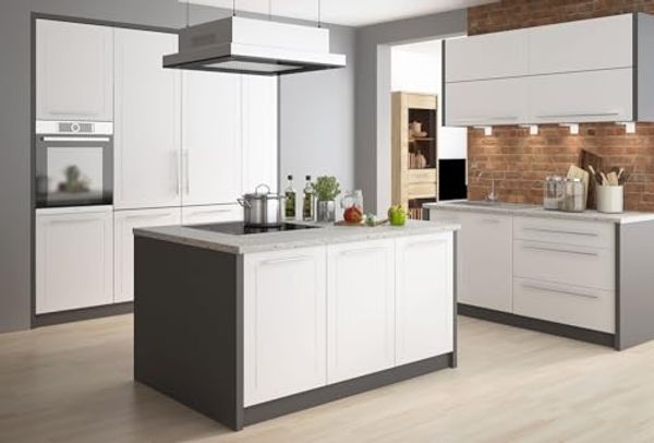 Einbauküche KVANTUM Küchenzeile mit Kücheninsel lava Fronten MDF weiß