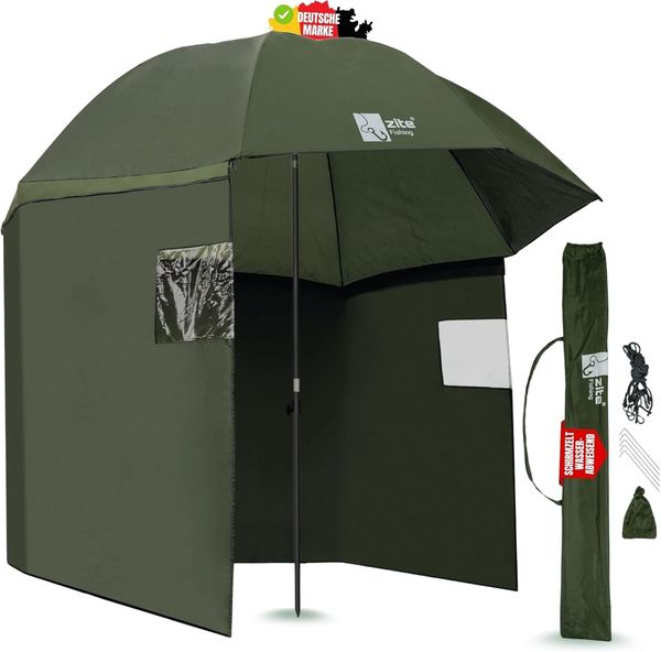 Zite Angelschirm Schirmzelt 250cm mit abnehmbarem Windschutz & Seitenfenstern, wasserabweisende Beschichtung