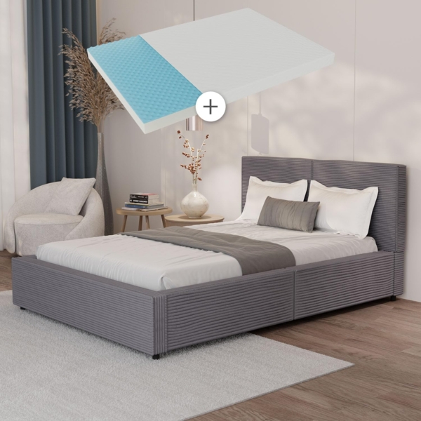 Juskys Polsterbett Salerno mit Matratze 140 x 200 cm – Cord Grau, modernes Bett mit Kopf- & Fußteil, stabilem Holz- & Metallrahmen, Lattenrost, 500 kg Tragkraft