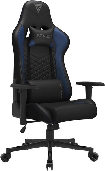 SENSE7 Gaming Spellcaster Bürostuhl Zocker Gamer Ergonomischer Stuhl Armlehne Einteiliger Stahlrahmen Einstellbarer Neigungswinkel Schwarz-Blau, Leder, 43-52 x 69,5 x 57