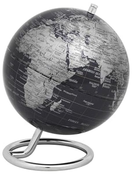 Premium Mini-Globus ‚Galilei‘ – 13 cm Weltkugel mit Metallring schwarz/silber