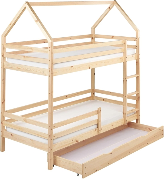 Hochbett mit Schubladen Haus Kiefernholz GIRGOLS 90 x 200 cm mit Stauraum Hellbraun