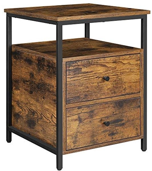 Vasagle Nachttisch, mit 2 Schubladen und offenem Fach, Spanplatte / Stahl vintagebraun-schwarz, 60 x 45 x 45 cm
