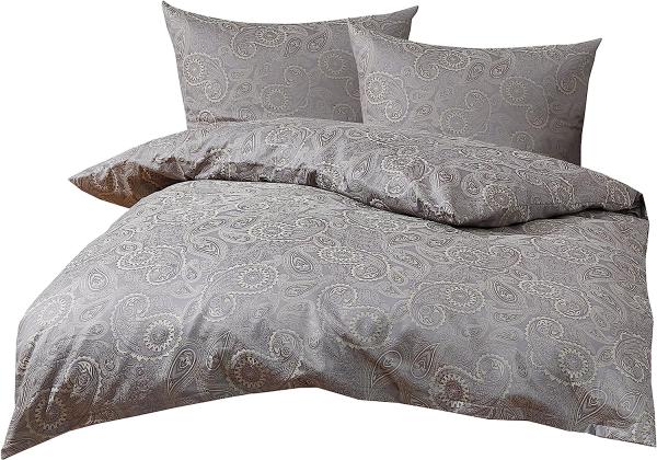 Bettwaesche-mit-Stil Mako-Satin Damast Paisley Bettwäsche "Davos" grün - grau Garnitur 200x220 + 2x 80x80