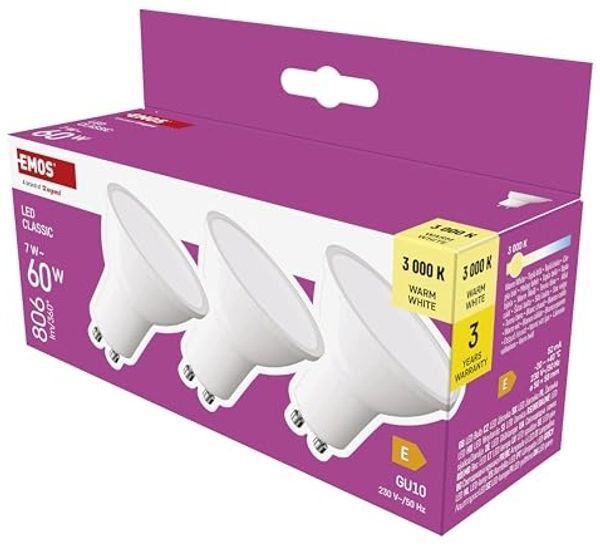 EMOS LED Lampe Spot 3er Pack, MR16 mit GU10 Sockel, 3 Stück 7W Ersatz für 60W Halogenlampe, Helligkeit 806 lm, Warmweiß 3000 K, 30000 h Lebensdauer, CRI min. 80, 100° Abstrahlwinkel, weiße Farbe