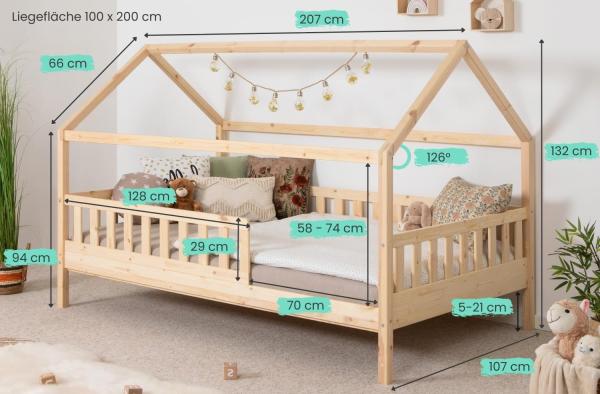 TiCAA Kinderbett Hausbett \"Kay\" 100x200 Kiefer natur Bild 2