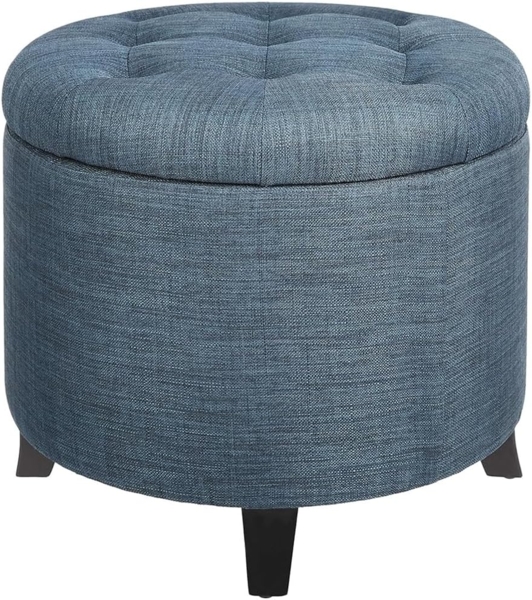 BAKAJI Pouf Aufbewahrungsbox Fußhocker aus Holz mit Innenfach, Aufbewahrungskiste mit gepolstertem Sitz, runder Hocker 51 x 51 x 43 cm, Einrichtung für Wohnzimmer, Kinderzimmer (Leinenblau) Bild 3