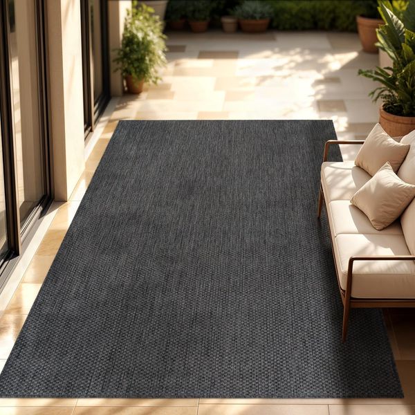 Paco Home Outdoor Teppich Wetterfest Wohnzimmer Balkon Küchenteppich Flachgewebe Sisaloptik Meliert Einfarbig, Grösse:160x220 cm, Farbe:Anthrazit