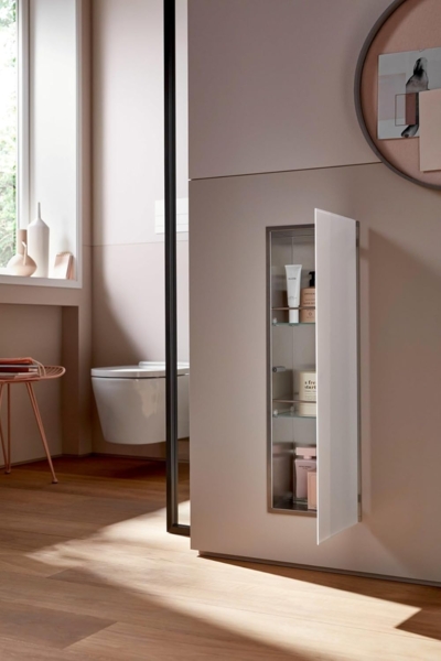 emco asis Pure Badschrank mit Glasfront I Einbauschrank Unterputz für modernes Bad in schwarz mit Türanschlag Links Bild 2