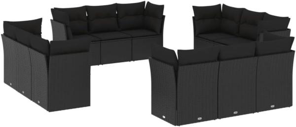 vidaXL 12-tlg. Garten-Sofagarnitur mit Kissen Schwarz Poly Rattan 3249164