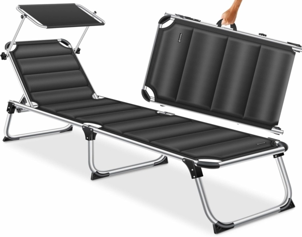 KESSER® Sonnenliege SUN mit Dach Gartenliege Liegestuhl klappbar Sonnendach Verstellbarer Rückenlehne , ergonomisch, gepolsterter Liegefläche, Aluminium Liege Gartenstuhl tragbar Strandliege Schwarz