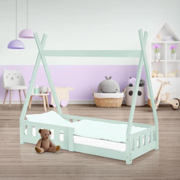 ML-DESIGN Kinderbett Hausbett Tipi Zeltbett inkl. Lattenrost Bodenbett Kinder Himmelbett, Abenteuerbett mit Rausfallschutz Zelt Spielbett Kiefer Mint Kinderhaus