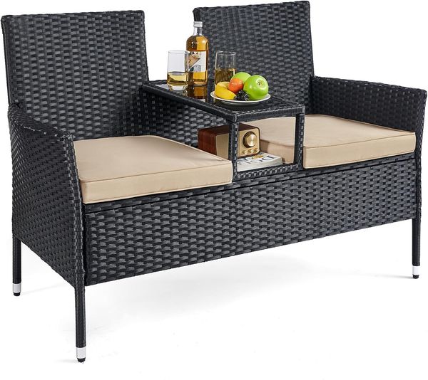 Songmics Gartenmöbel, Balkonmöbel aus PE-Polyrattan, Gartenbank, mit Tisch, Sofa, Terrassenmöbel, Outdoor, mit Kissen, für Terrasse, Garten, Balkon, schwarz-Taupe GGF022B02