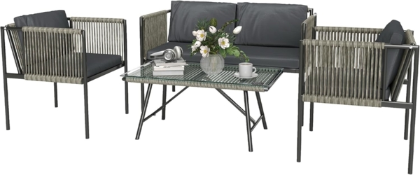 Outsunny Sitzgruppe mit 2er Sofa, Sessel, Glastisch, Kissen, (Gartenmöbel-Set aus Polyrattan, 4-tlg, wetterfest Lounge-Set), für 4 Personen, für Garten, Balkon, Grau