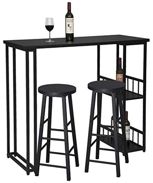1 x Bartisch + 2 x Barhocker mit 2 Ablagefläche aus Metallgestell und MDF schwarz