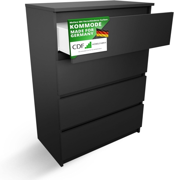 CDF Kommode Malwa M4 | Farbe: Schwarz | Schrank für Dokumente, Kleinigkeiten | Ideal für Wohnzimmer, Schlafzimmer, Kinderzimmer, Jugendzimmer und Büro | 4 geräumige Schubladen