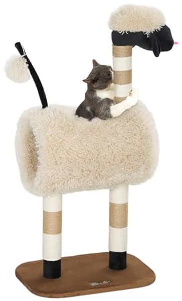 PawHut Kratzbaum 98 cm Katzenbaum im Schaf-Design, mit Kratzpfosten, Tunnel, Spielball, für Katzen bis 5 kg, Hellbraun