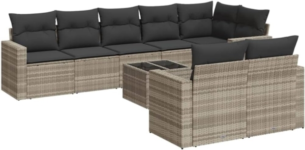 vidaXL 9-tlg. Garten-Sofagarnitur mit Kissen Hellgrau Poly Rattan 3251569