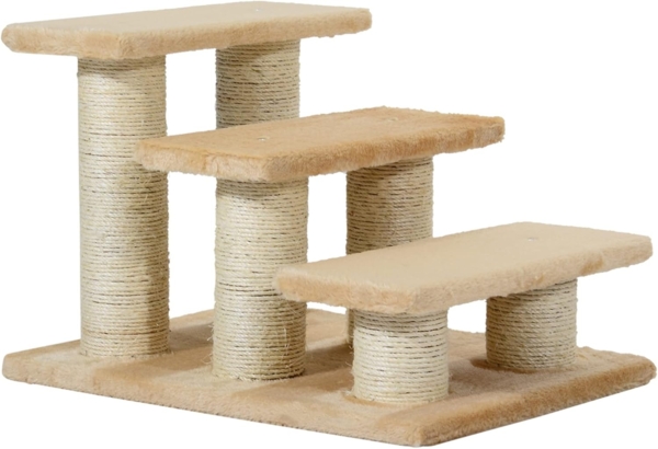 PawHut Kratzbaum Tiertreppe Katzentreppe Hundetreppe 3 Stufen Treppe, Plüsch, Creme, 45 x 35 x 34 cm