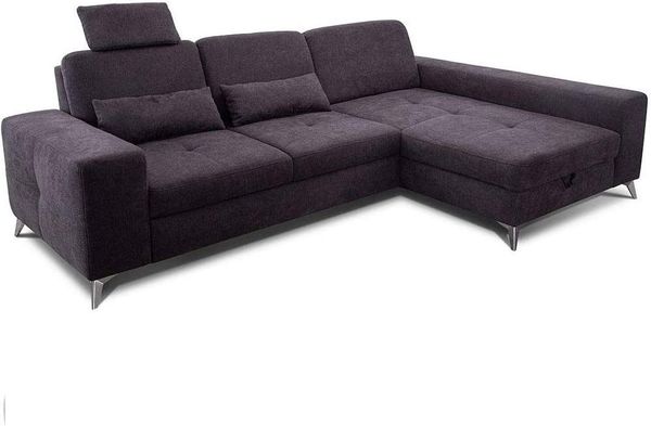 CAVADORE Ecksofa Bali / Trendige Sofaecke mit Longchair rechts, Kopfstütze & Nierenkissen / Inkl. Sitztiefenverstellung, Bett & Bettkasten / 286 x 92 x 176 / Flachgewebe: Dunkelgrau