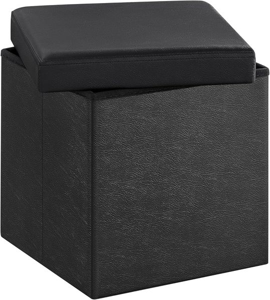 Songmics Faltbarer Sitzhocker Aufbewahrungsbox belastbar bis 300 kg, Lederimitat, schwarz, 38 x 38 x 38, LSF101