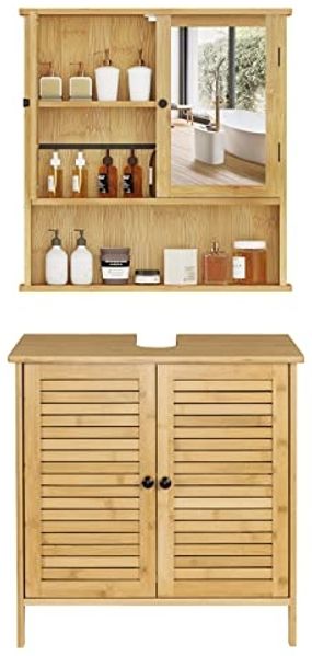 EUGAD Badezimmer Badmöbel Set Waschbeckenunterschrank Unterschrank Badezimmerschrank mit Spiegelschrank Hängeschrank für Bad Bambus Model 5