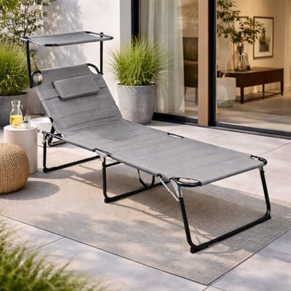 XXL Aluminium Gartenliege Grau gepolstert mit Sonnendach L200xB70cm