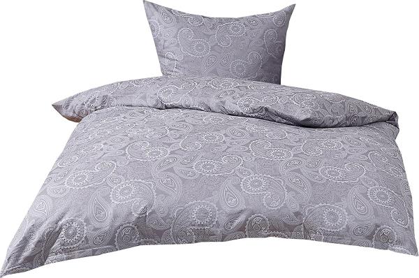 Bettwaesche-mit-Stil Mako-Satin Damast Paisley Bettwäsche "Davos" weiß-grau Garnitur 155x220 + 80x80