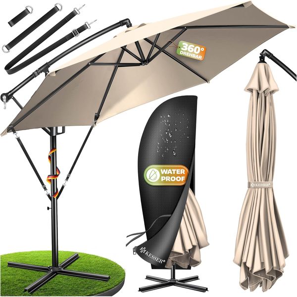 KESSER® Alu Ampelschirm Sonnenschirm + Abdeckung Ø350 cm & Kurbelvorrichtung Kurbelschirm mit Ständer UV-Schutz Aluminium Wasserabweisende Bespannung 360° Funktion Garten-Schirm Marktschirm Beige