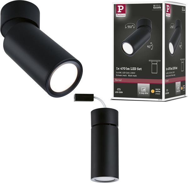 Paulmann 93089 LED Deckenleuchte Turnal rund 60 mm schwarz 3-Step-Dim