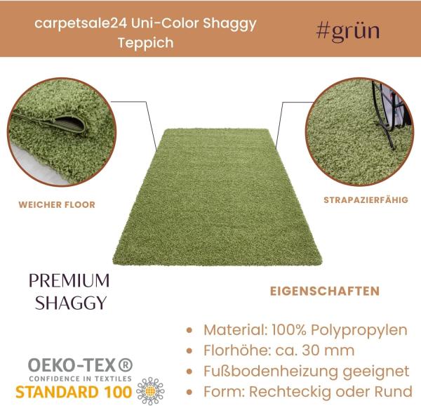 Carpetsale24 Shaggy Hochflor Teppich Wohnzimmer 250x350 (240x340 cm) Grün Modern - Teppich Flauschig, Extra Weich, Pflegeleicht und einfarbig - für Schlafzimmer, Esszimmer - Ideal als Küchenteppich Bild 3