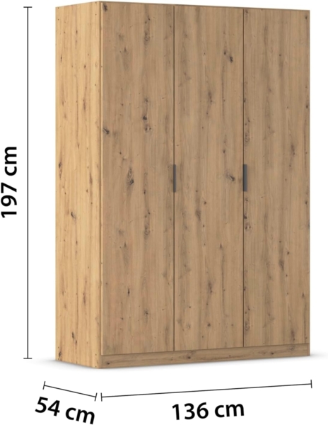 Rauch Möbel Lagoa, Kleiderschrank, Garderobe für Schlafzimmer, Kinderzimmer, Jugendzimmer 3-türig, mit Zubehör Premium, Farbe Eiche Artisan, Holz, Breite 136 Bild 3