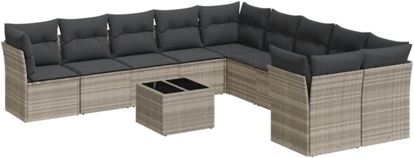 vidaXL 11-tlg. Garten-Sofagarnitur mit Kissen Hellgrau Poly Rattan 3250091