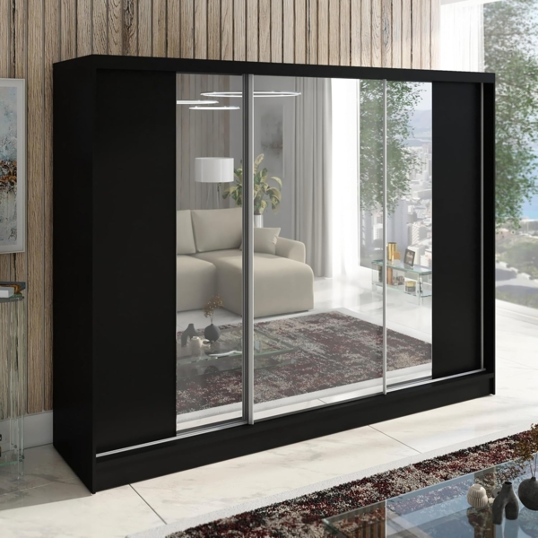 Schwebetürenschrank VENA 3-türig Schrank 200 cm (mit Spiegel) Farbe: Schwarz