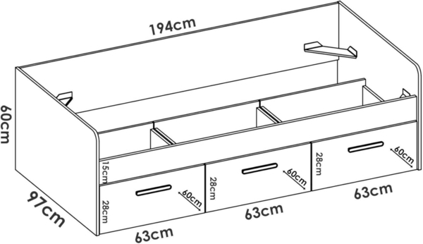 Dmora - Kinderbett Adamello, Bettkasten für Schlafzimmer, Struktur für Einzelbett mit 3 Schubladen, 194 x 97 x 60 cm, Weiß Bild 2