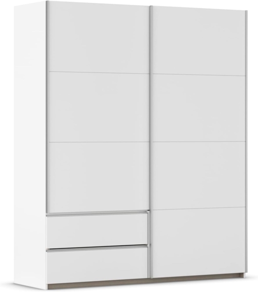 Rauch Möbel Stoke, Schwebetürenschrank, Kleiderschrank, Garderobe, 2-türig, 2 Schubladen, mit Zubehörpaket Classic, 4 Einlegeböden, Farbe Weiß, Griffleisten Alufarben, 175 x 210 x 59 cm