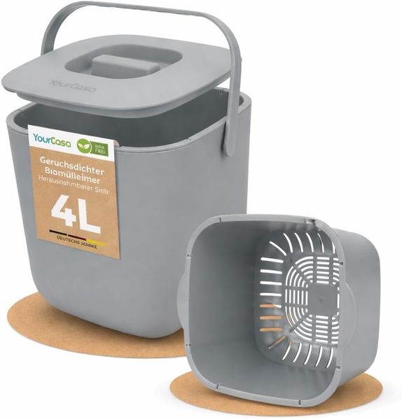 YourCasa Biomülleimer Küche - 4L - Komposteimer Küche für alltäglichen Biomüll Behälter - Spülmaschinenfest - geruchsdicht- herausnehmbarer Sieb - Bio Mülleimer klein mit Deckel Bio Eimer (4L Grau)
