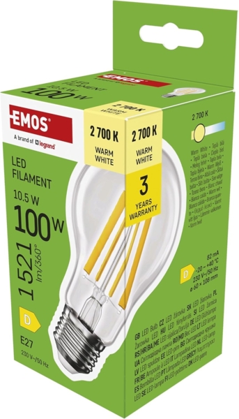 EMOS LED Lampe Edison A60, 10,5W Ersatz für 100W Glühbirne, Vintage-Glühlampe mit E27 Sockel und Helligkeit 1521 lm, Warmweiß 2700 K, 25000 Stunden Lebensdauer, CRI > 80, 360° Abstrahlwinkel