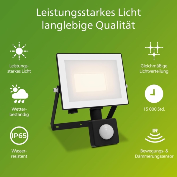 Philips Lois Flutlichtstrahler für den Außenbereich mit Sensor, 20 Watt, 3000K weißes Licht, Schwarz Bild 2