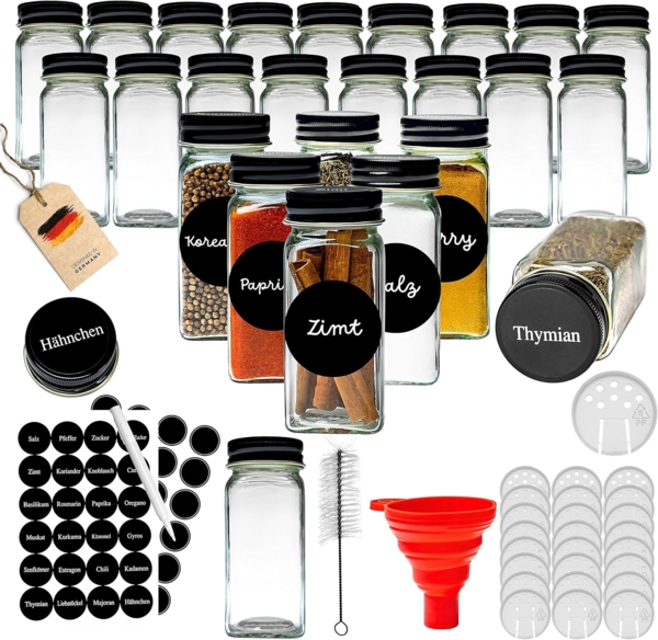 Coradoma Gewürzbehälter Gewürzgläser Set Eckig inkl. Etiketten - Glasbehälter Vorratsdosen, Glas, (24-tlg), mit Reinigungsbürste, Trichter zum Befüllen, Gewürzetiketten